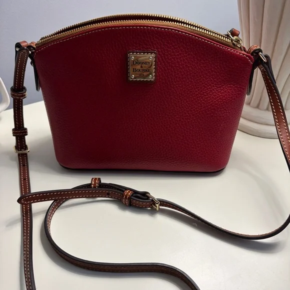 Dooney & Bourke Red Pebbled Leather Dome Crossbody with Brown Strap - Picture 1 of 4